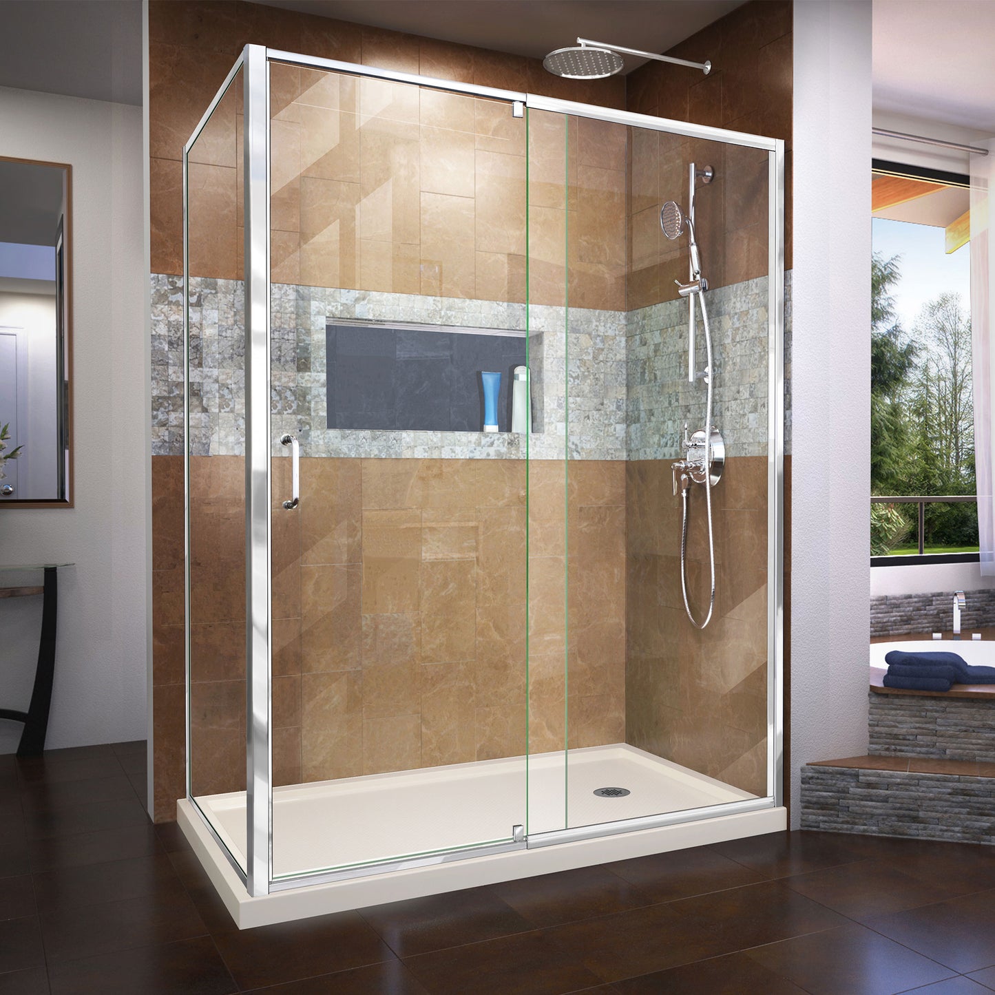 Flex 36 in. D x 60 in. W x 74 3/4 in. H Semi-Frameless Pivot Shower Enclosure in Chrome and Right Drain Biscuit Base Kit