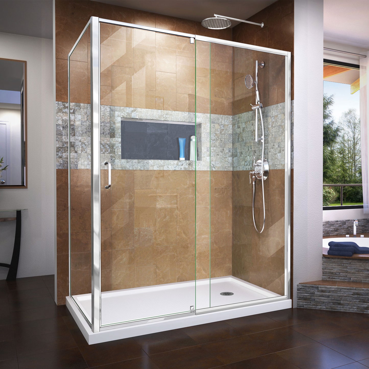 Flex 36 in. D x 60 in. W x 74 3/4 in. H Semi-Frameless Pivot Shower Enclosure in Chrome with Right Drain White Base Kit