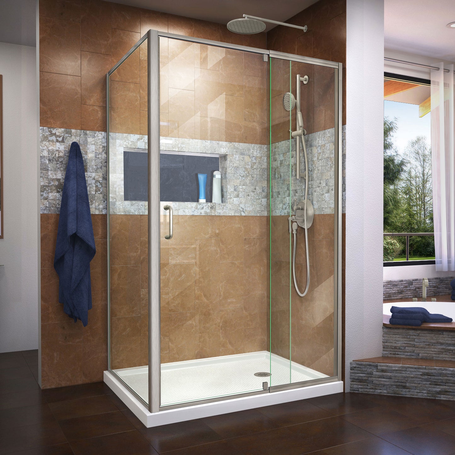 Flex 36 in. D x 48 in. W x 74 3/4 in. H Semi-Frameless Shower Enclosure in Brushed Nickel with Right Drain White Base