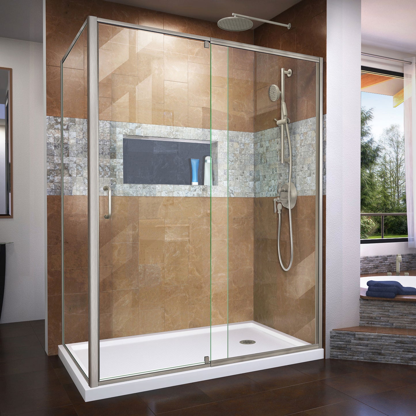 Flex 36 in. D x 60 in. W x 74 3/4 in. H Semi-Frameless Shower Enclosure in Brushed Nickel with Right Drain White Base