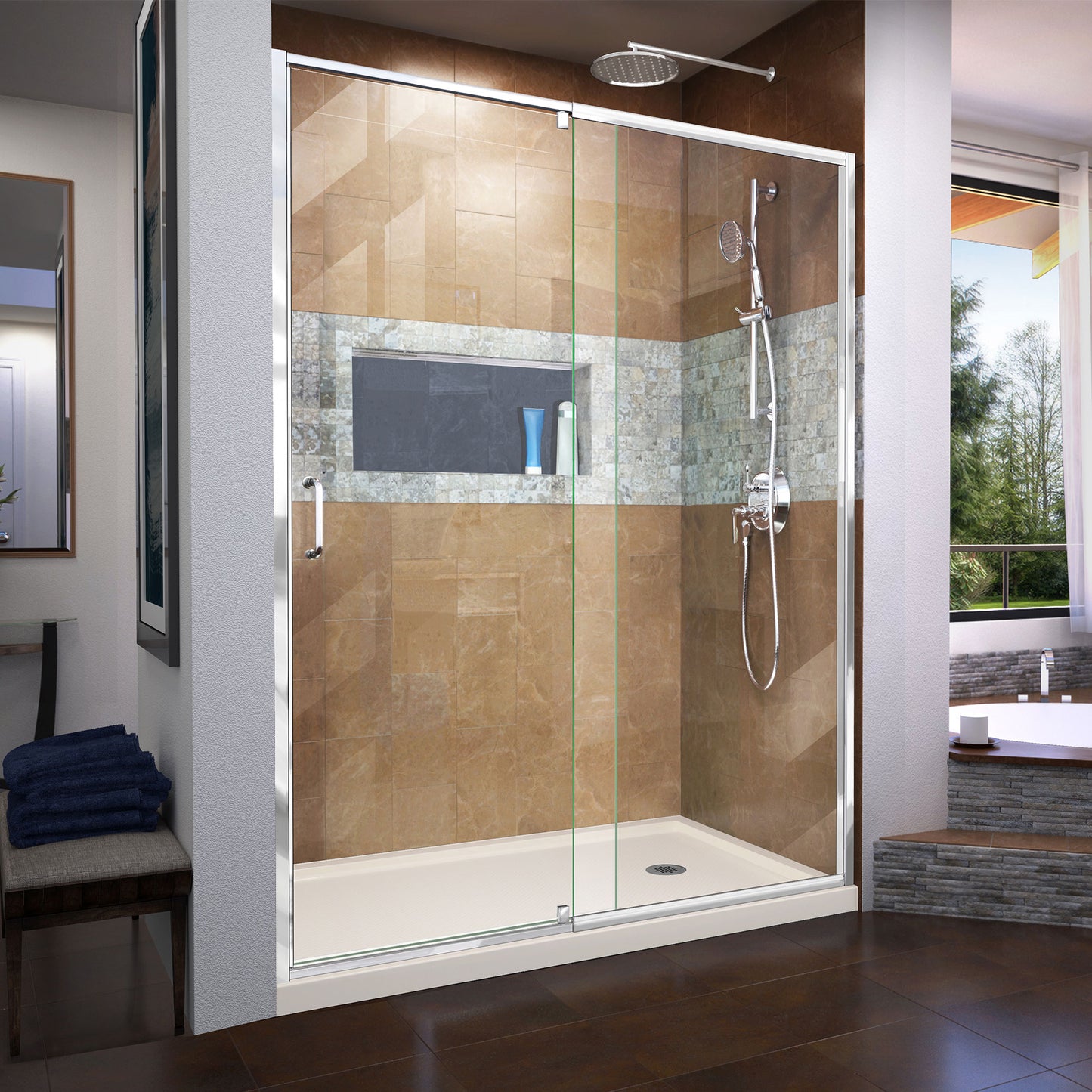 Flex 36 in. D x 60 in. W x 74 3/4 in. H Semi-Frameless Pivot Shower Door in Chrome with Right Drain Biscuit Base Kit