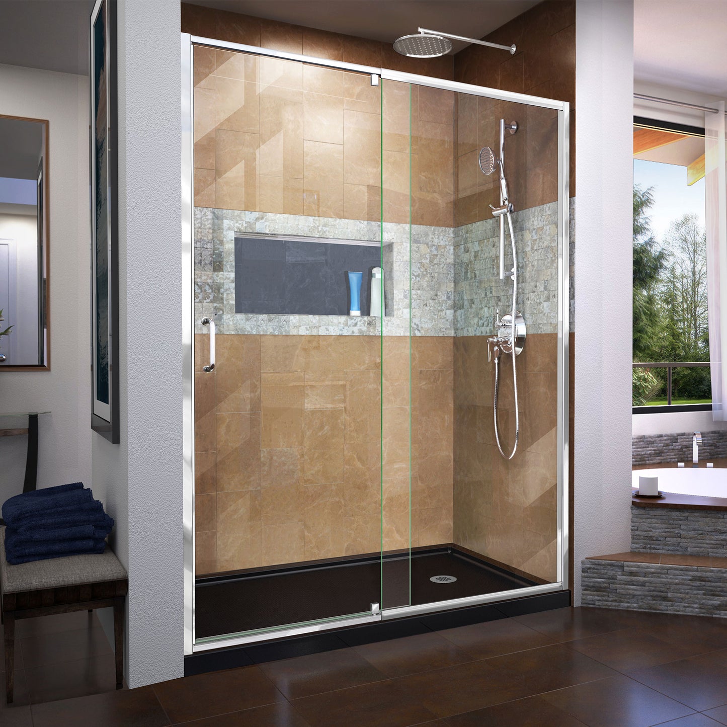 Flex 36 in. D x 60 in. W x 74 3/4 in. H Semi-Frameless Pivot Shower Door in Chrome with Right Drain Black Base Kit