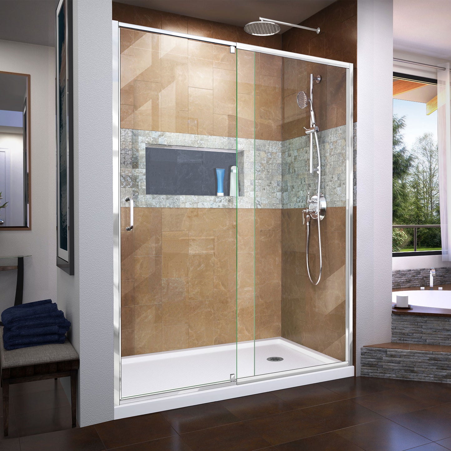 Flex 36 in. D x 60 in. W x 74 3/4 in. H Semi-Frameless Pivot Shower Door in Chrome with Right Drain White Base Kit