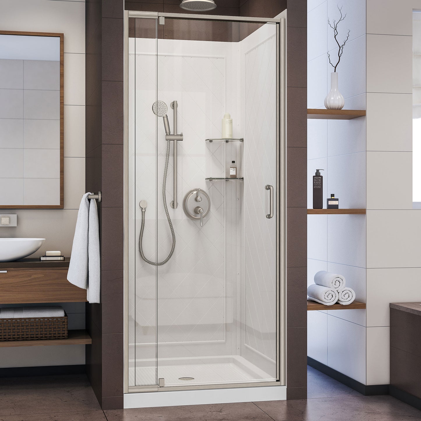 Flex 32 in. D x 32 in. W x 76 3/4 in. H Semi-Frameless Shower Door in Brushed Nickel with White Base and Backwalls