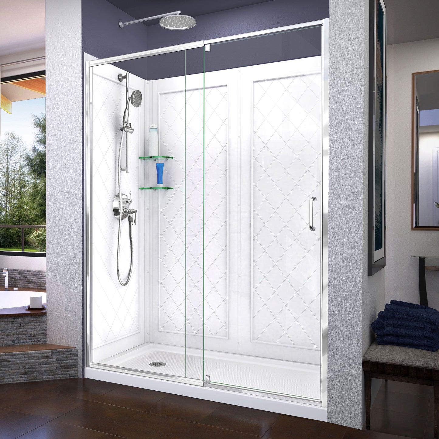 Flex 34 in. D x 60 in. W x 76 3/4 in. H Semi-Frameless Shower Door in Chrome with Left Drain White Base and Backwalls