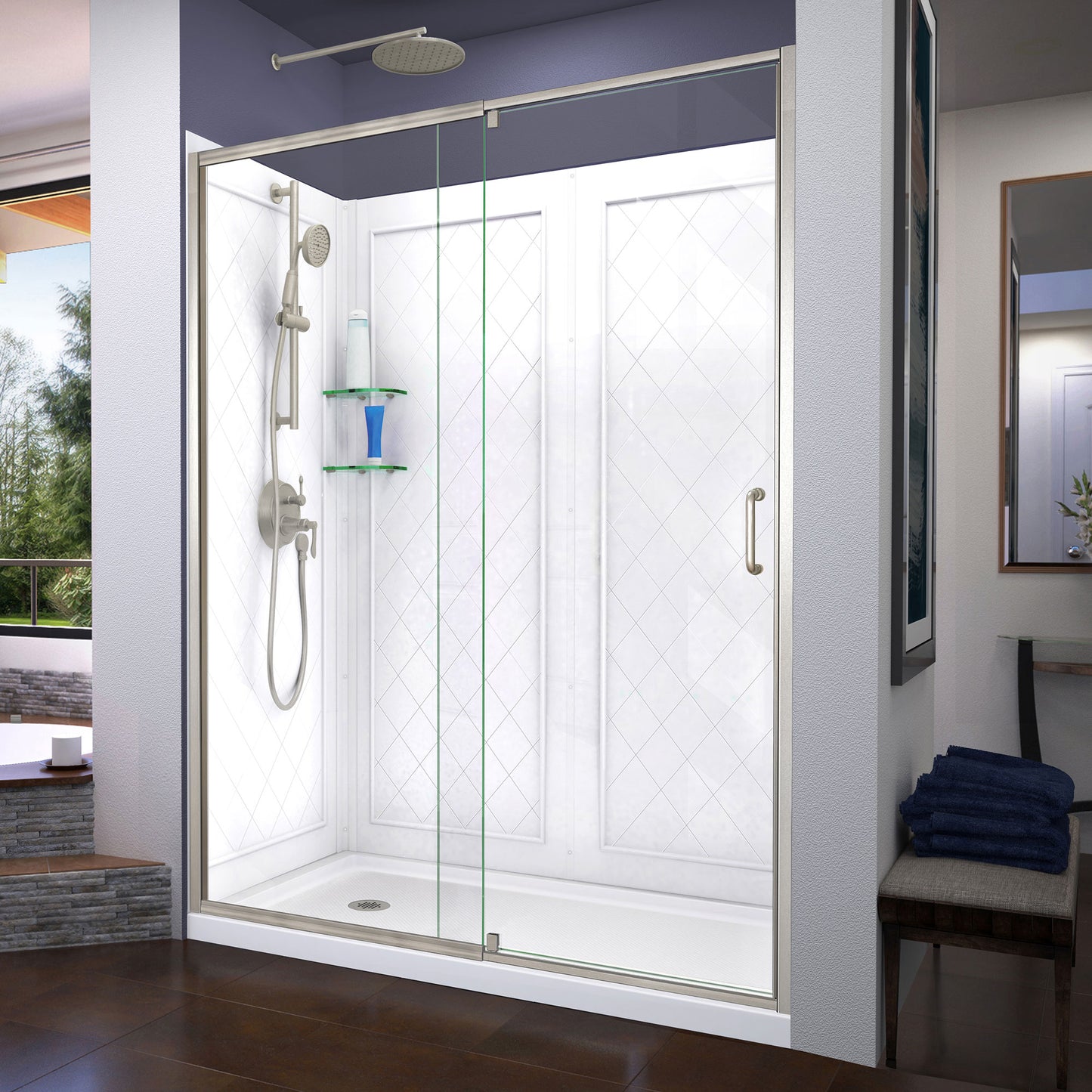 Flex 36 in. D x 60 in. W x 76 3/4 in. H Semi-Frameless Shower Door in Brushed Nickel with Left Drain Base and Backwalls