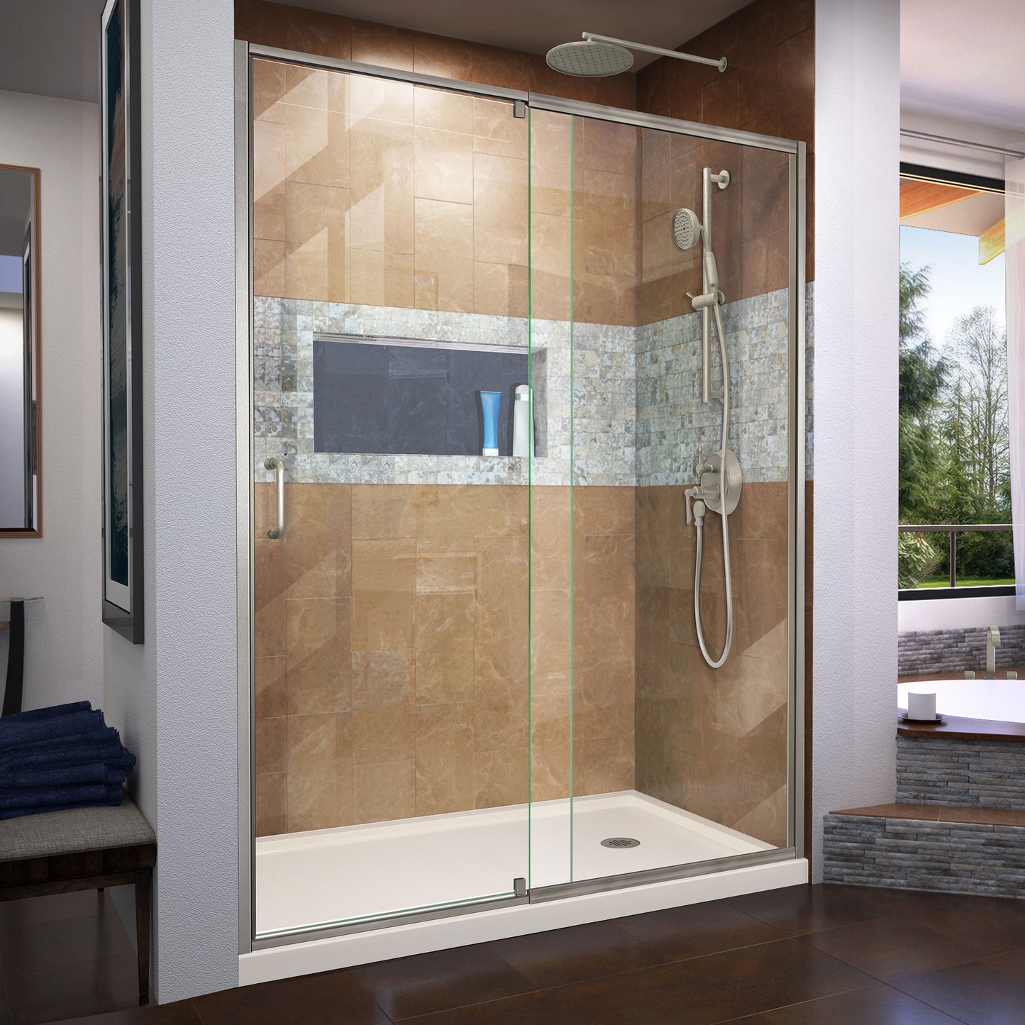 Flex 36 in. D x 60 in. W x 74 3/4 in. H Semi-Frameless Shower Door in Brushed Nickel with Right Drain Biscuit Base Kit
