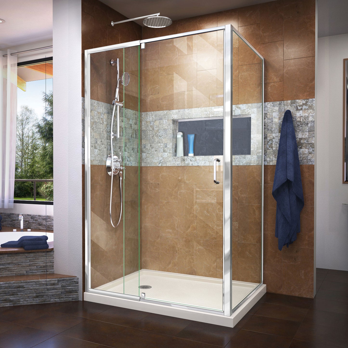 Flex 36 in. D x 48 in. W x 74 3/4 in. H Semi-Frameless Pivot Shower Enclosure in Chrome with Left Drain Biscuit Base Kit