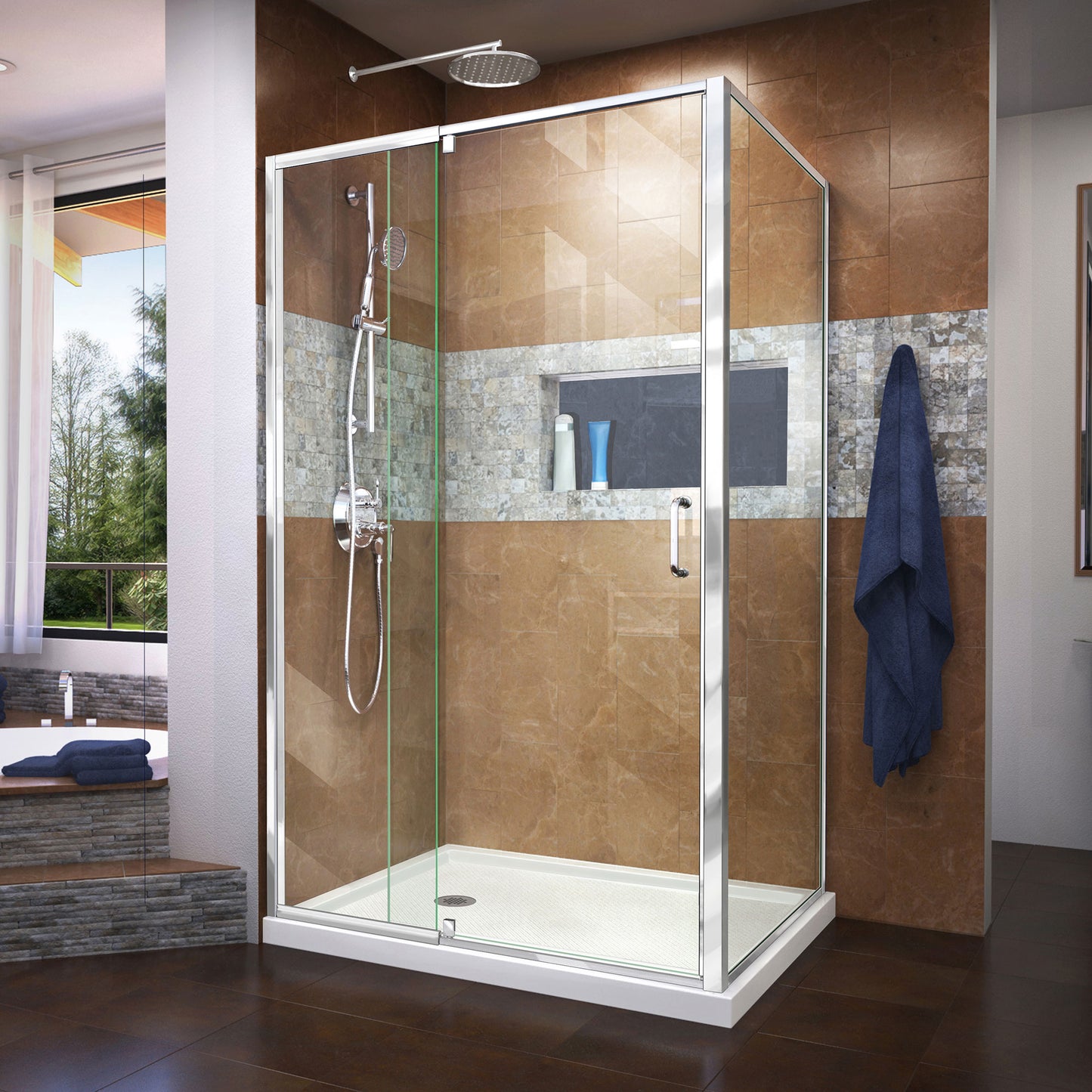 Flex 36 in. D x 48 in. W x 74 3/4 in. H Semi-Frameless Pivot Shower Enclosure in Chrome with Left Drain White Base Kit