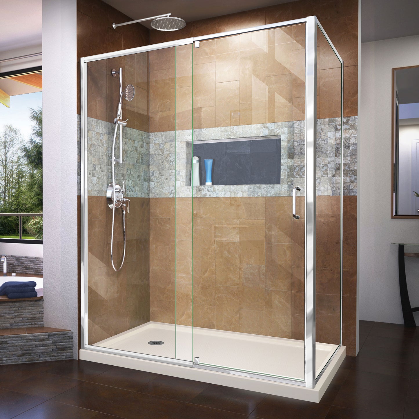 Flex 36 in. D x 60 in. W x 74 3/4 in. H Semi-Frameless Pivot Shower Enclosure in Chrome with Left Drain Biscuit Base Kit
