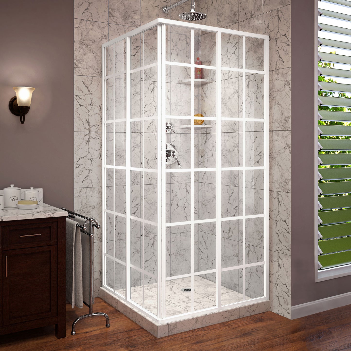 French Corner 34 1/2 in. D x 34 1/2 in. W x 72 in. H Framed Sliding Shower Enclosure in White