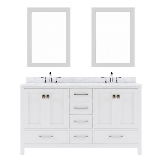 Caroline Avenue 60" Double Bath Vanity in White with White Marble Top and Round Sinks and Matching Mirror