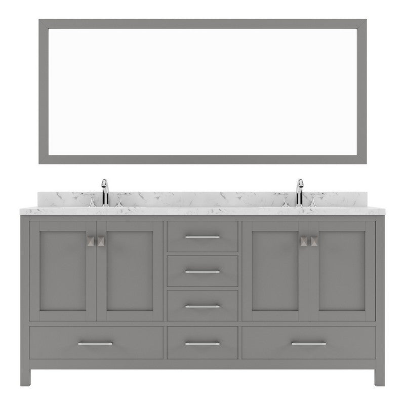 Caroline Avenue 72" Double Bath Vanity in Cashmere Gray with White Quartz Top and Round Sinks and Matching Mirror