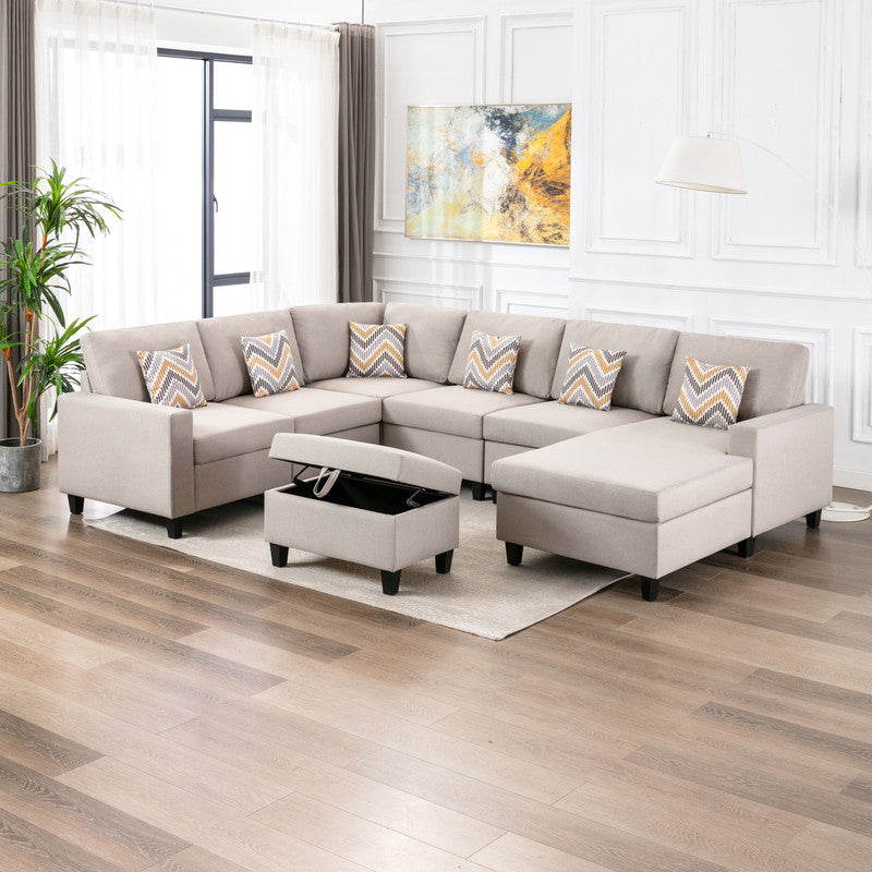 Nolan Beige Linen 7Pc Reversible Chaise Sectional, Storage Ottoman, 89420-20A