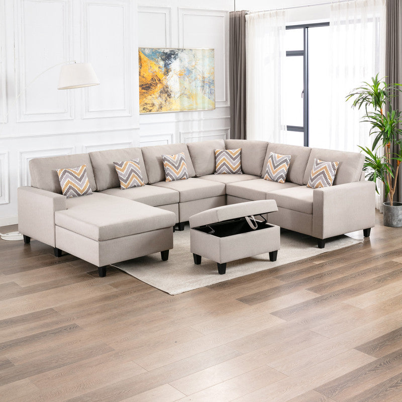 Nolan Beige Linen 7Pc Reversible Chaise Sectional, Storage Ottoman, 89420-20B