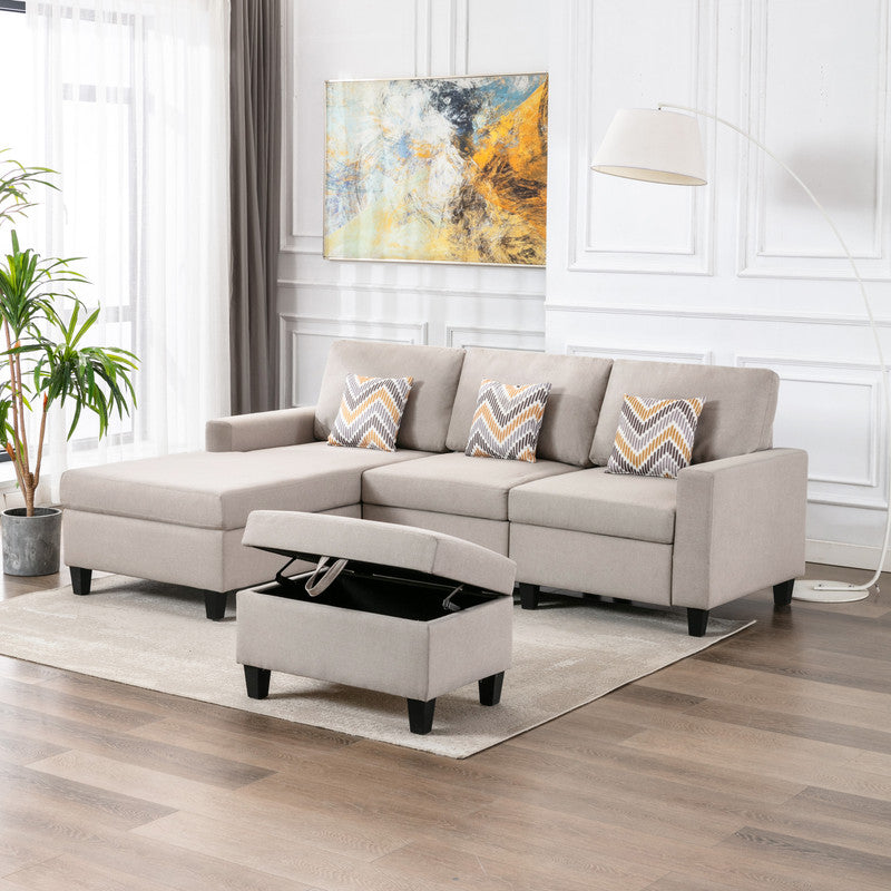 Nolan Beige Linen 4Pc Reversible Sofa Chaise with Storage Ottoman, 89420-21A