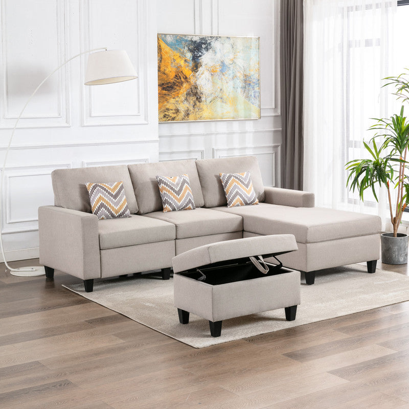 Nolan Beige Linen 4Pc Reversible Sofa Chaise with Storage Ottoman, 89420-21B
