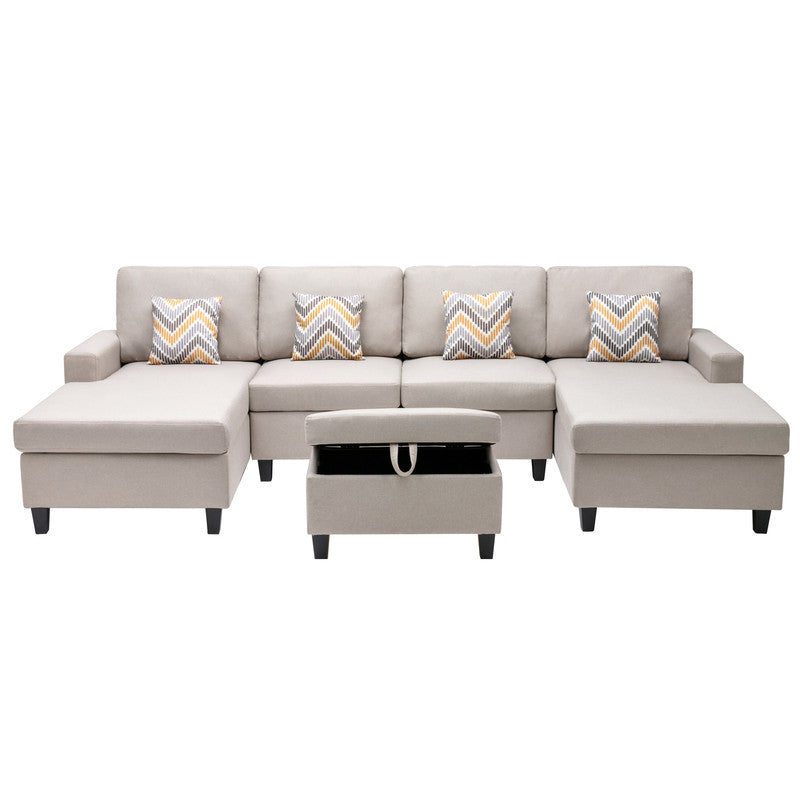 Nolan Beige Linen 5Pc Double Chaise Sectional Sofa with Storage Ottoman, Pillows