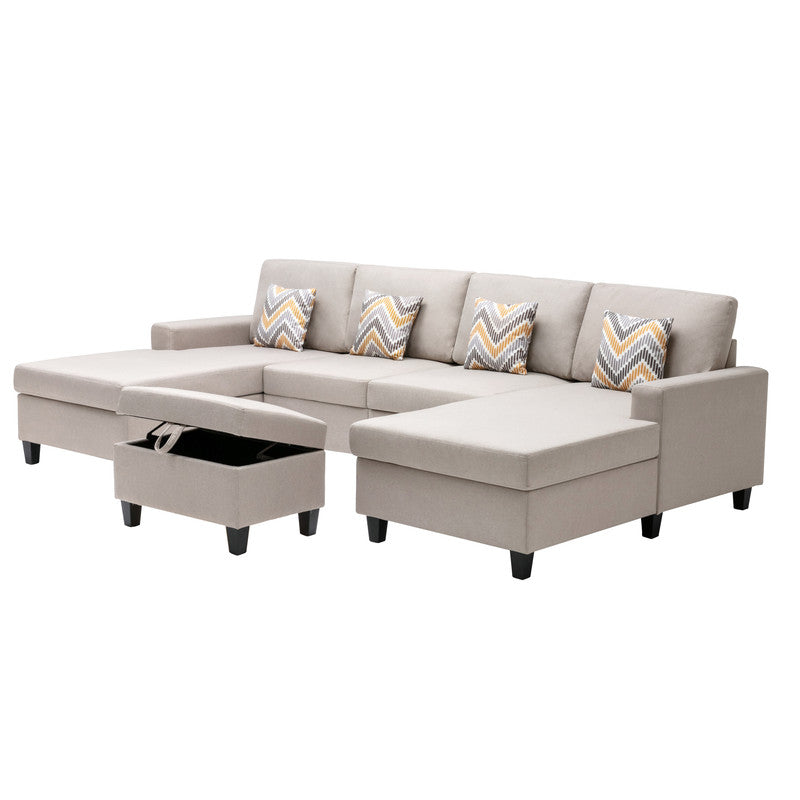 Nolan Beige Linen 5Pc Double Chaise Sectional Sofa with Storage Ottoman, Pillows