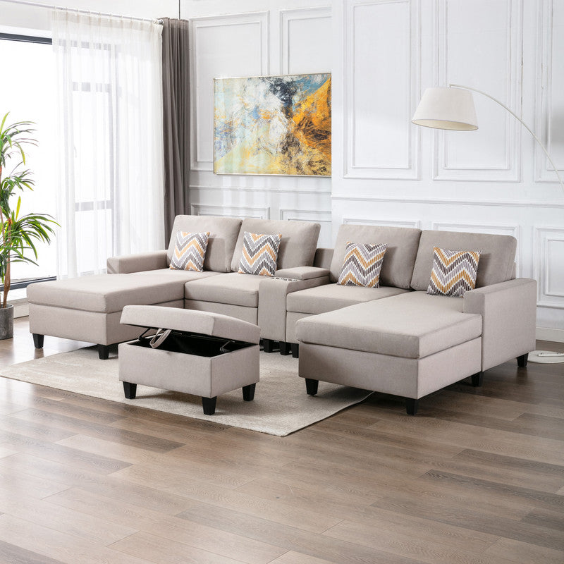 Nolan Beige Linen 6Pc Double Chaise Sectional Sofa, Console Table, Ottoman