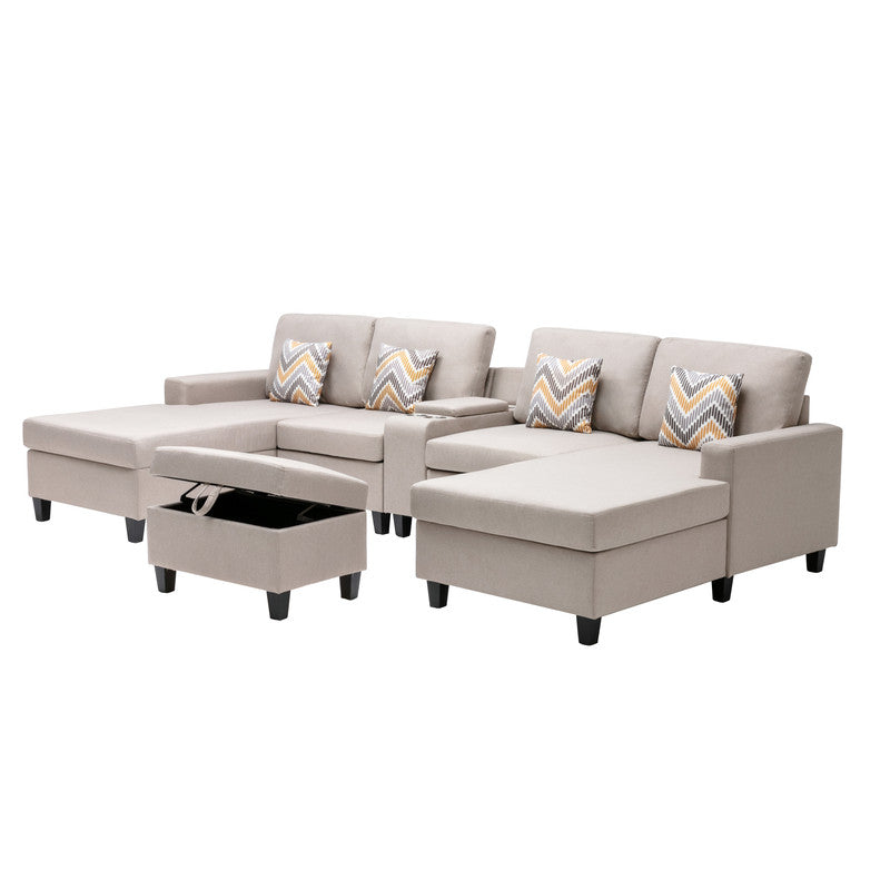Nolan Beige Linen 6Pc Double Chaise Sectional Sofa, Console Table, Ottoman