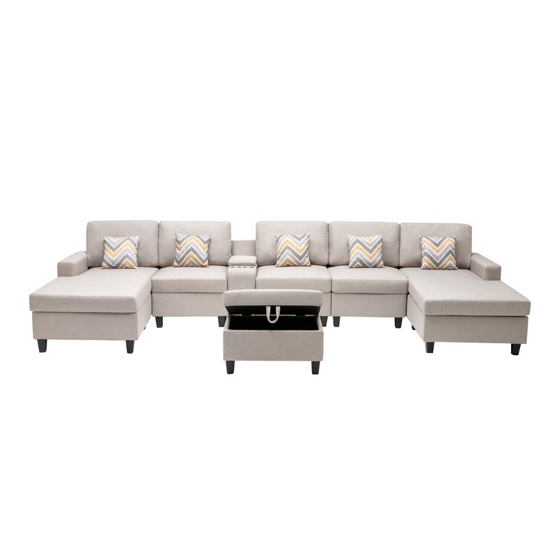 Nolan Beige Linen 7Pc Double Chaise Sectional Sofa, Console Table, Ottoman