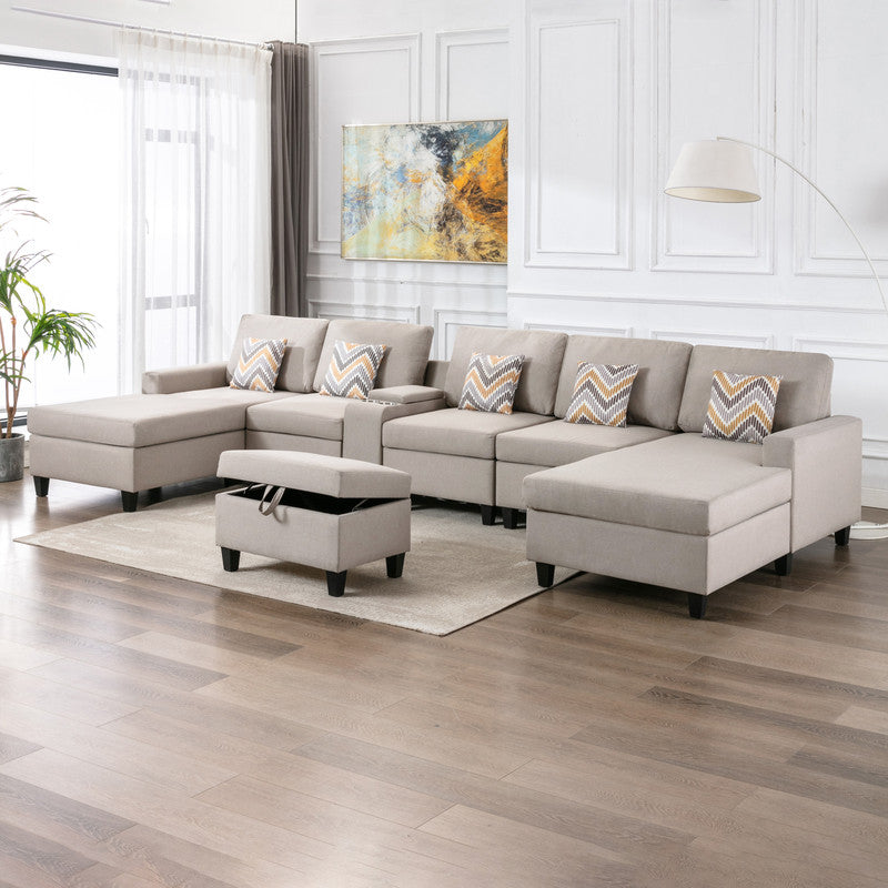 Nolan Beige Linen 7Pc Double Chaise Sectional Sofa, Console Table, Ottoman