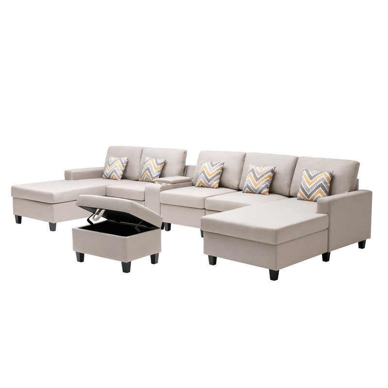 Nolan Beige Linen 7Pc Double Chaise Sectional Sofa, Console Table, Ottoman