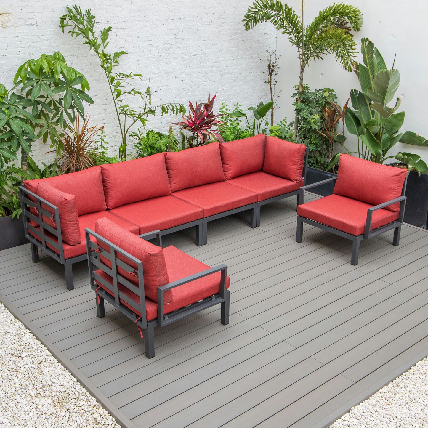 LeisureMod Hamilton 6-Piece Aluminum Patio Conversation Set With Cushions - Red
