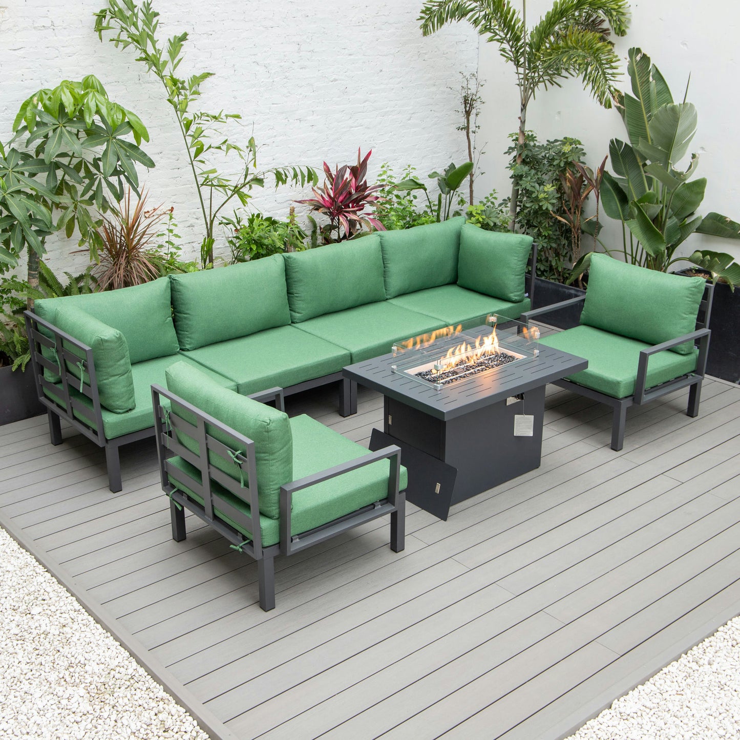 LeisureMod Hamilton 7-Piece Conversation Set With Fire Pit Table - Green