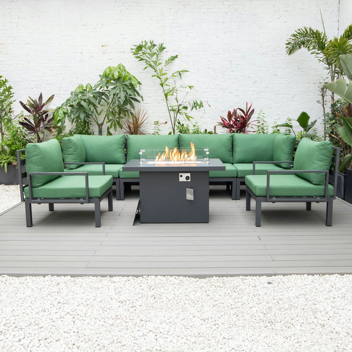 LeisureMod Hamilton 7-Piece Conversation Set With Fire Pit Table - Green