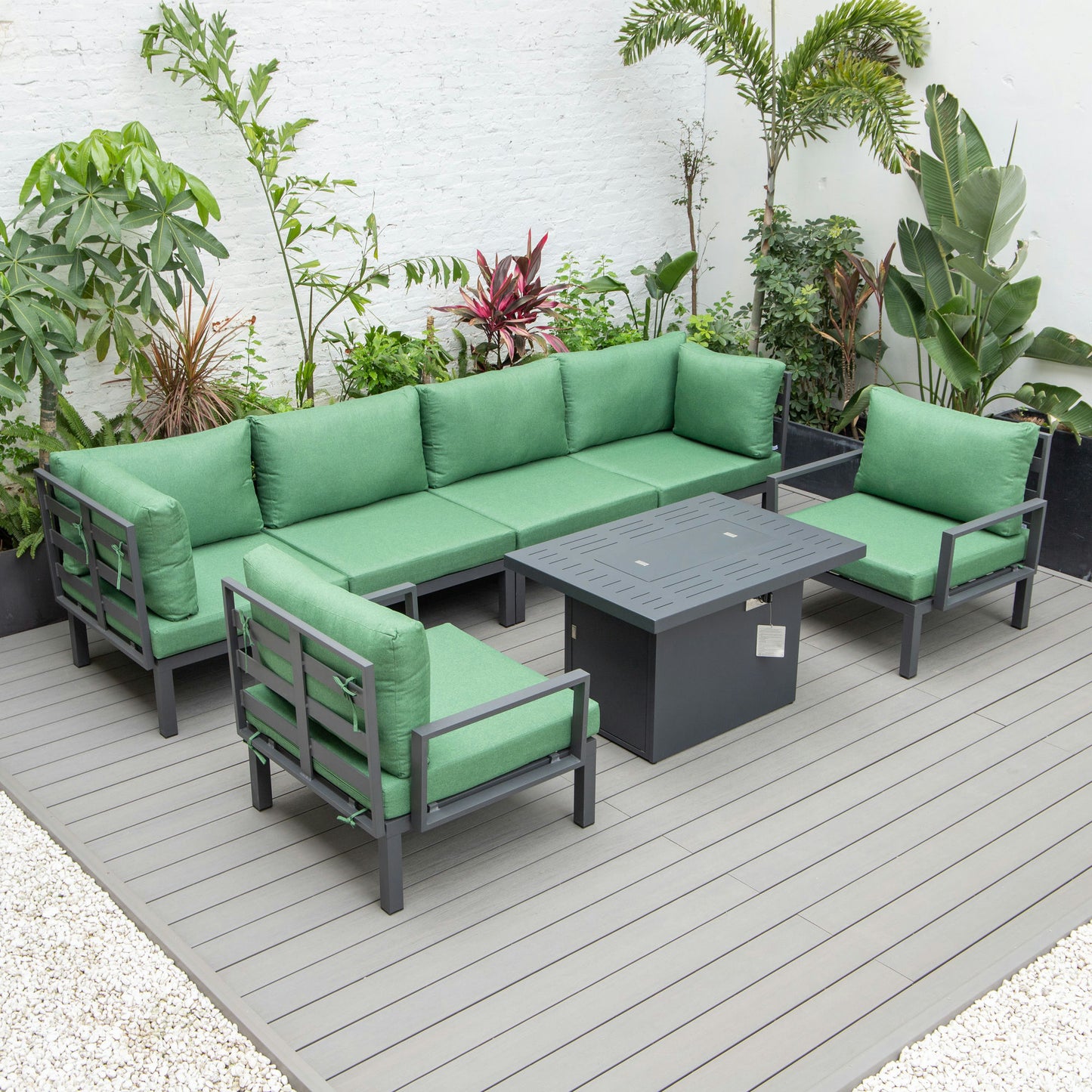LeisureMod Hamilton 7-Piece Conversation Set With Fire Pit Table - Green