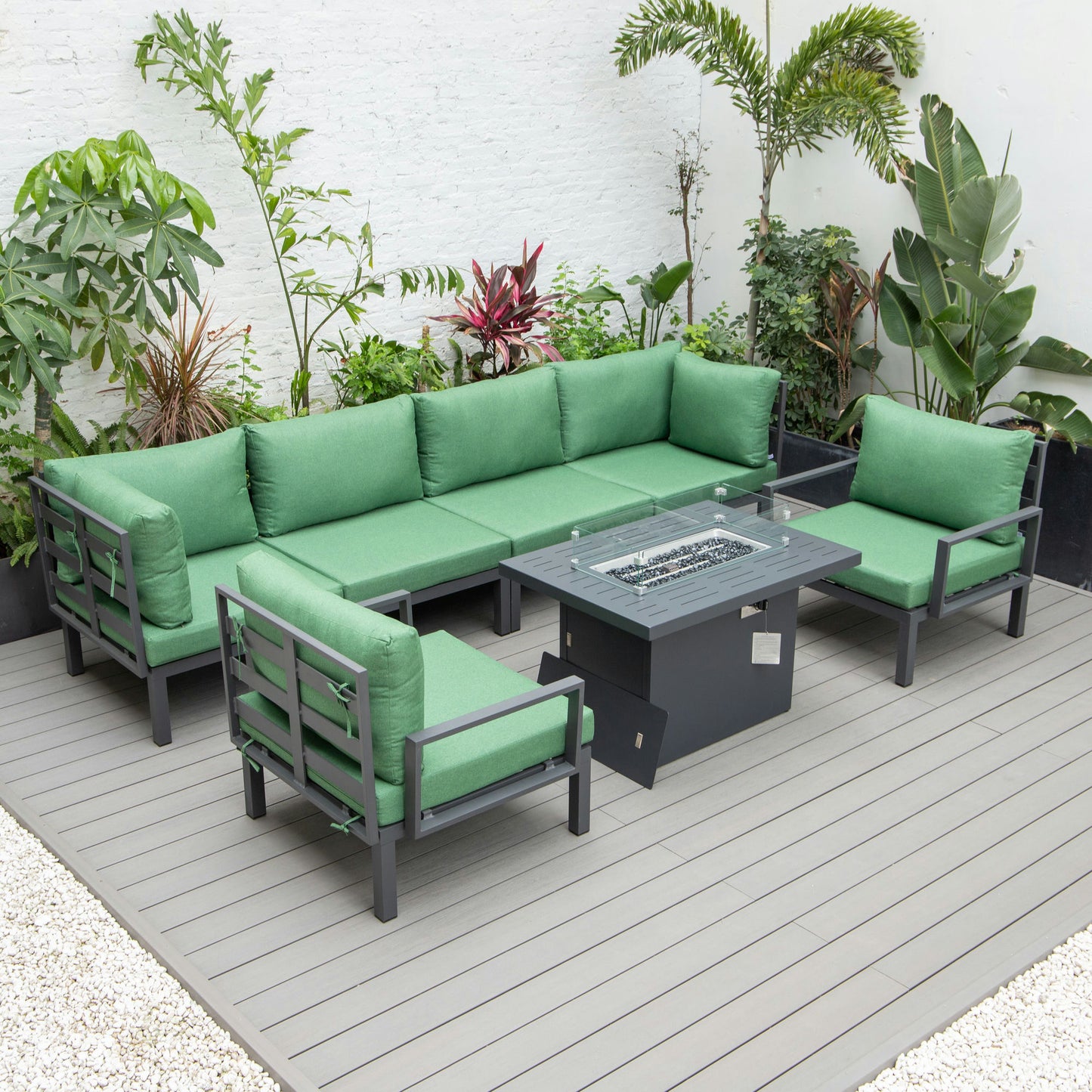 LeisureMod Hamilton 7-Piece Conversation Set With Fire Pit Table - Green