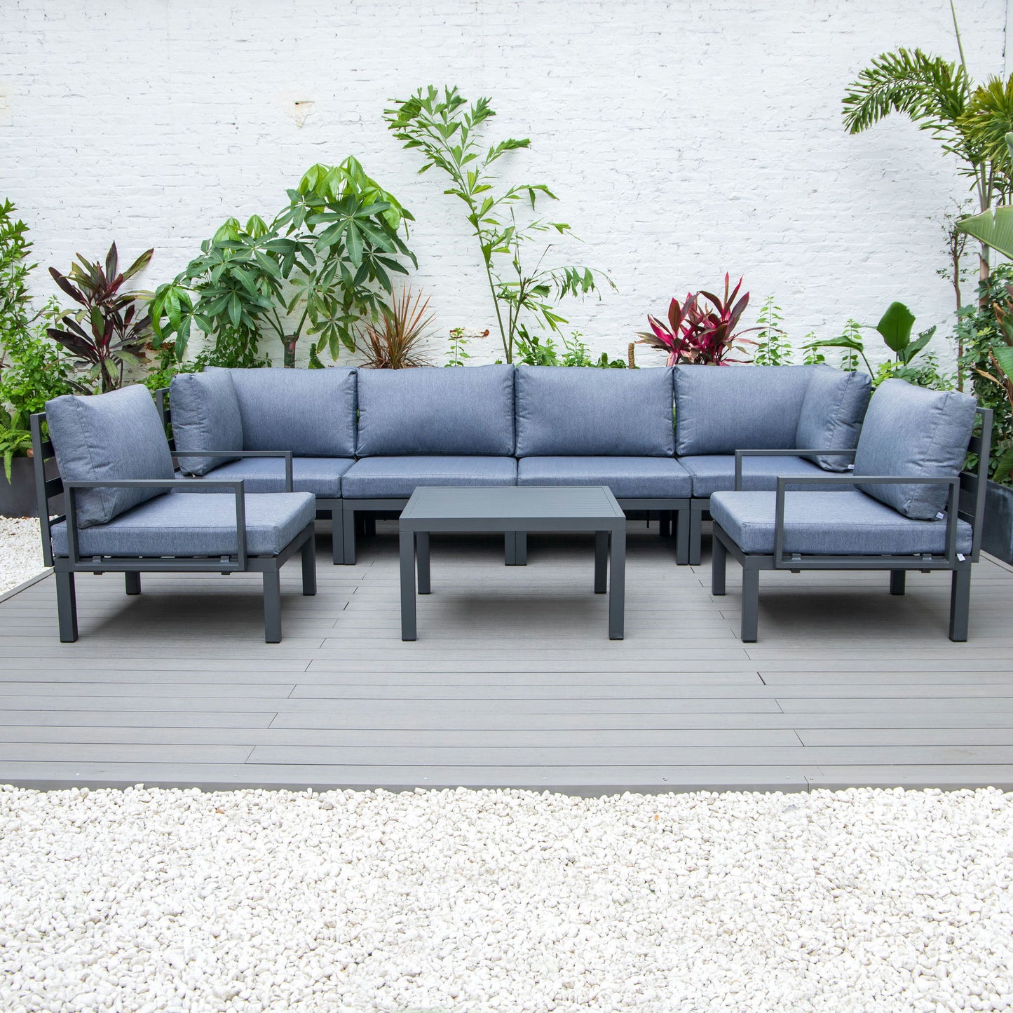 LeisureMod Hamilton 7-Piece Conversation Set With Coffee Table - Charcoal Blue