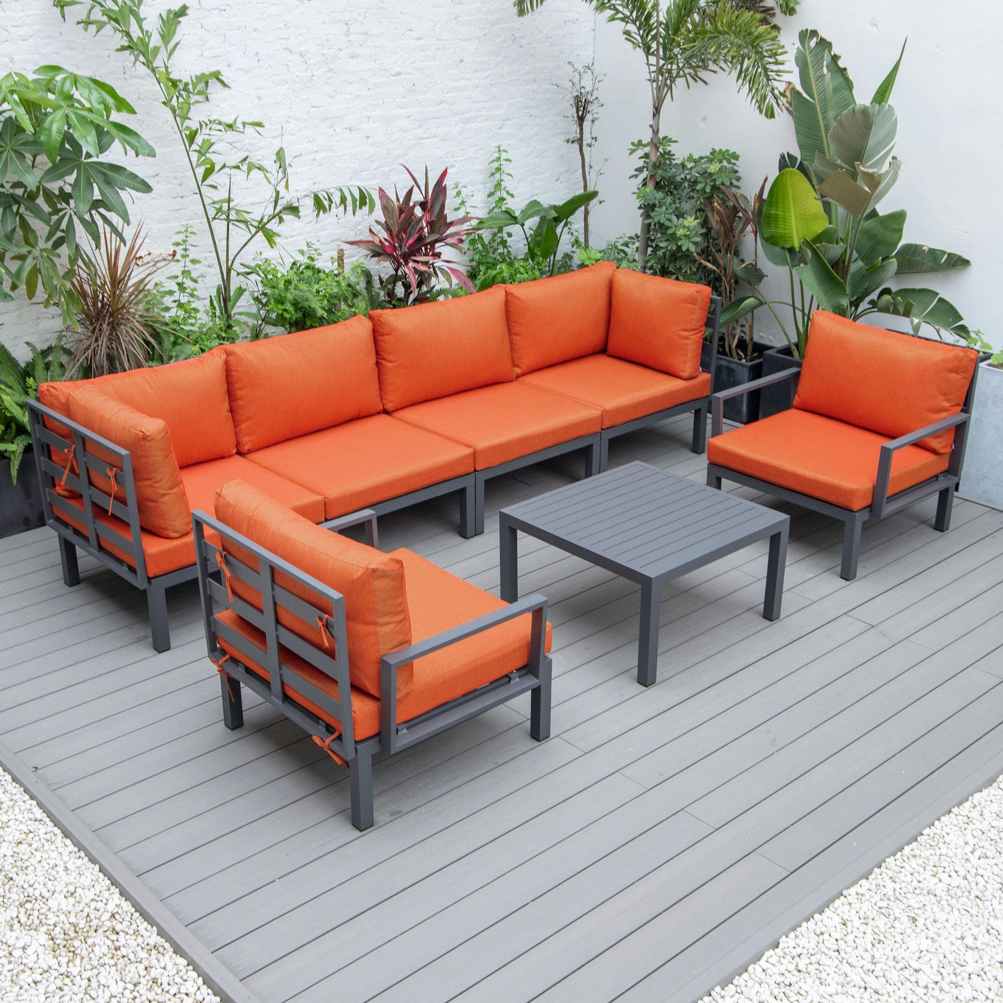 LeisureMod Hamilton 7-Piece Conversation Set With Coffee Table - Orange