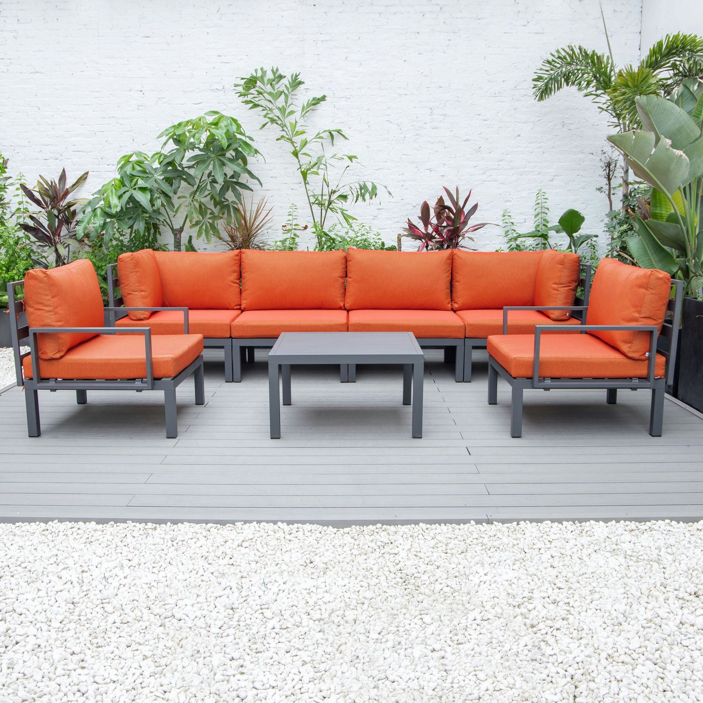 LeisureMod Hamilton 7-Piece Conversation Set With Coffee Table - Orange