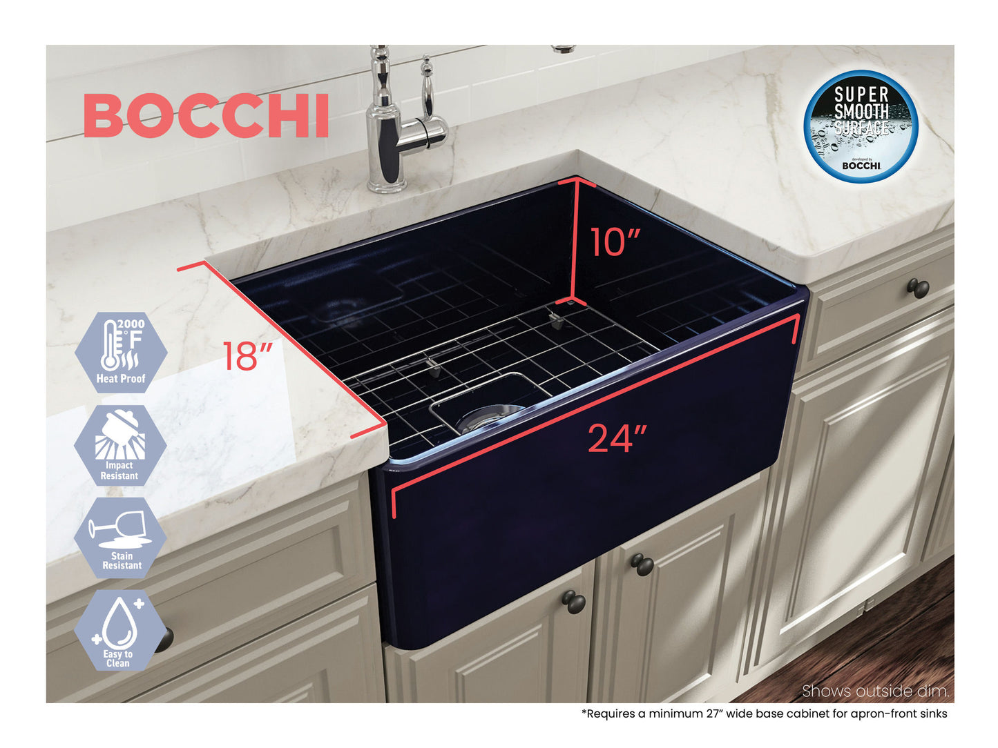 Classico Farmhouse Apron Front Fireclay 24" Single Bowl Kitchen Sink in Blue