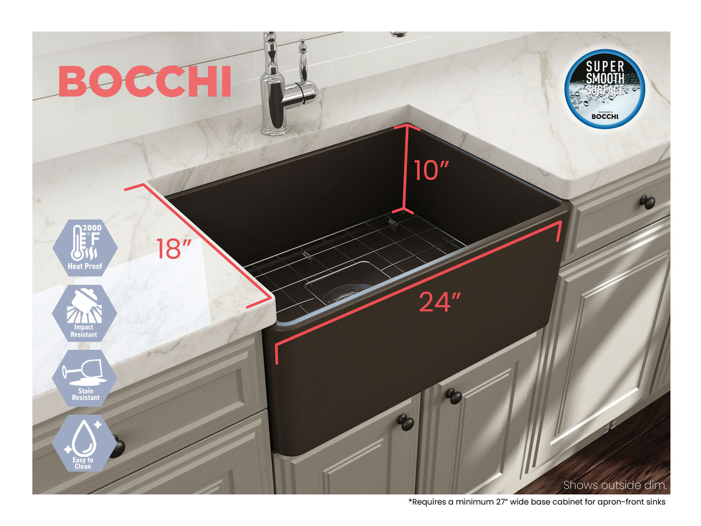 Classico Farmhouse Apron Front Fireclay 24" Single Bowl Kitchen Sink in Brown