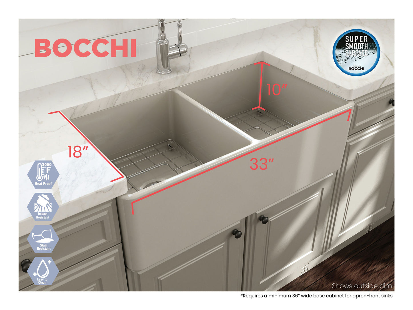 Classico Farmhouse Apron Front Fireclay 33" Double Bowl Kitchen Sink in Biscuit