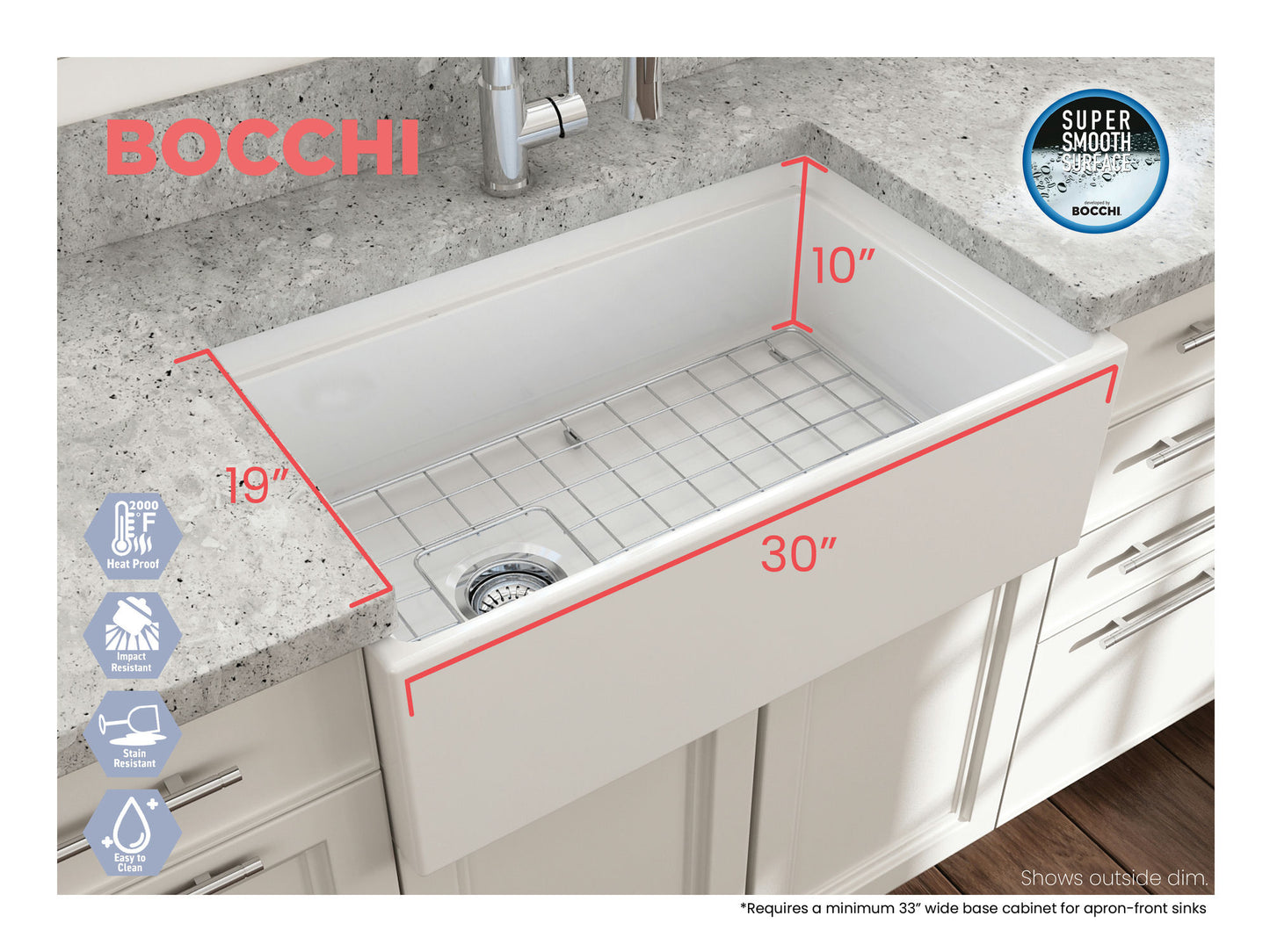 Contempo Step-Rim Apron Front Fireclay 30" Single Bowl Kitchen Sink, Matte White