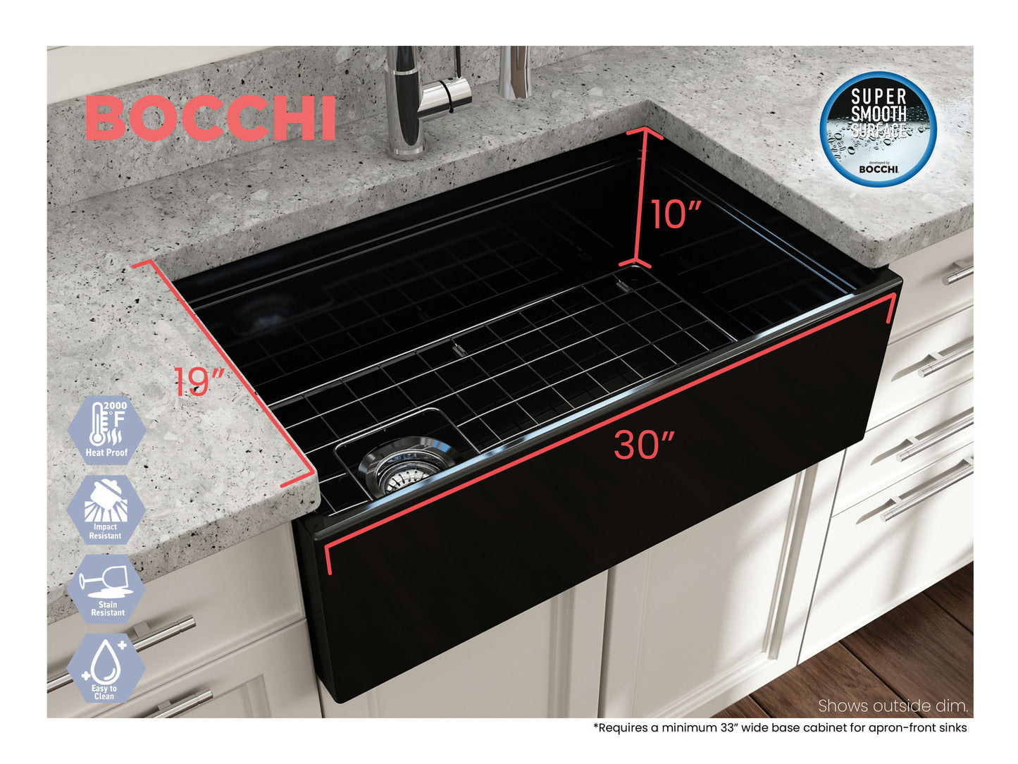 Contempo Step-Rim Apron Front Fireclay 30" Single Bowl Kitchen Sink in Black
