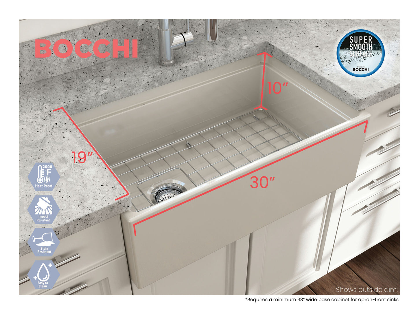 Contempo Step-Rim Apron Front Fireclay 30" Single Bowl Kitchen Sink in Biscuit