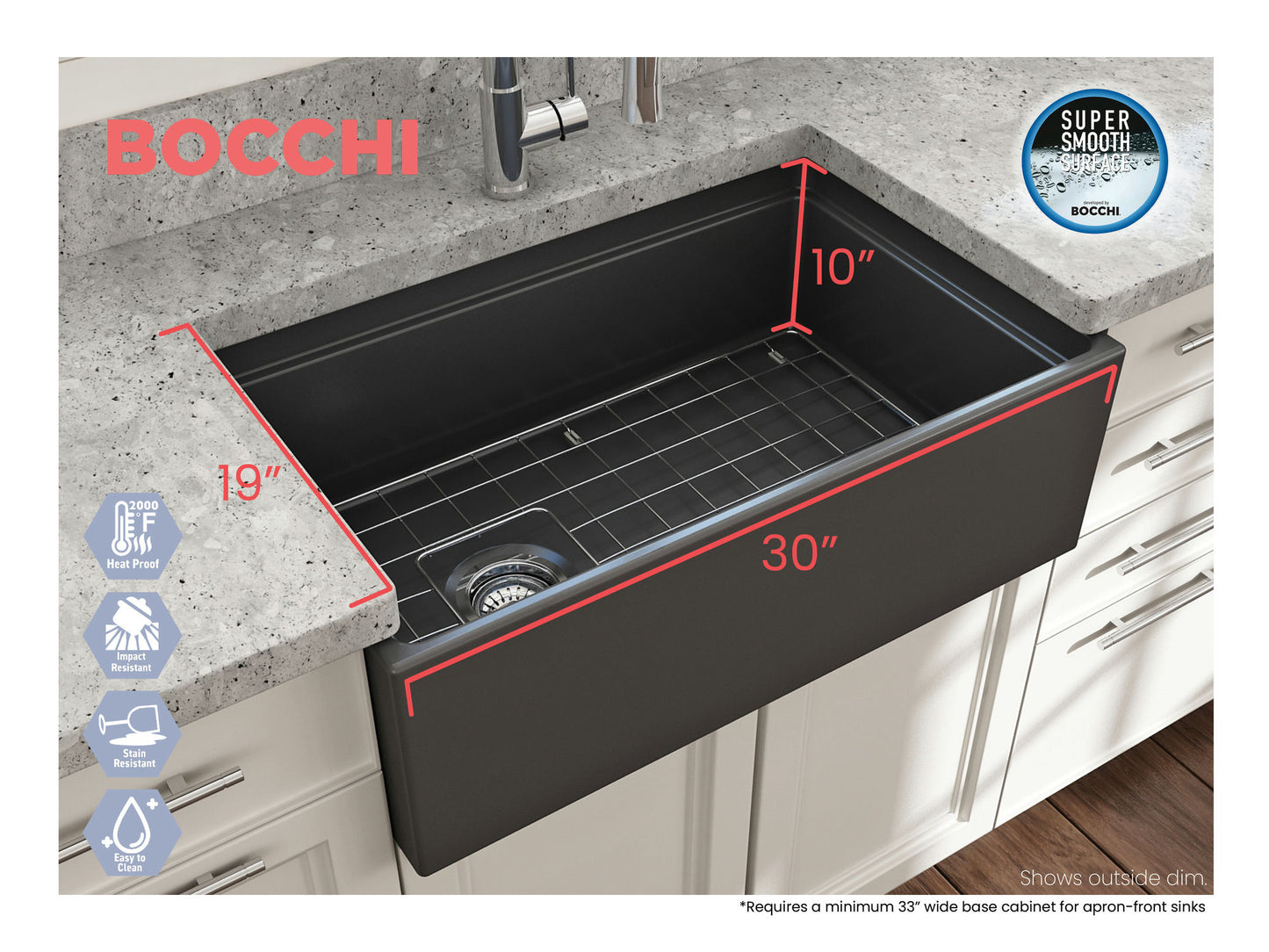 Contempo Step-Rim Apron Front Fireclay 30" Single Bowl Kitchen Sink in Dark Gray