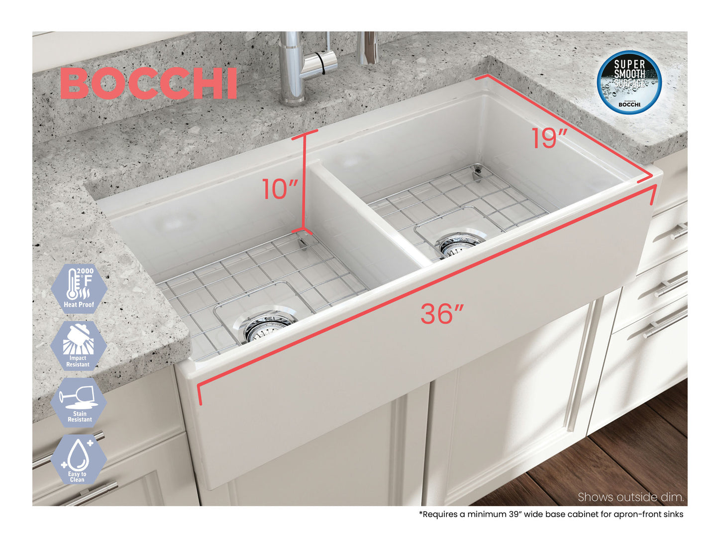 Contempo Step-Rim Apron Front Fireclay 36" Double Bowl Kitchen Sink in White