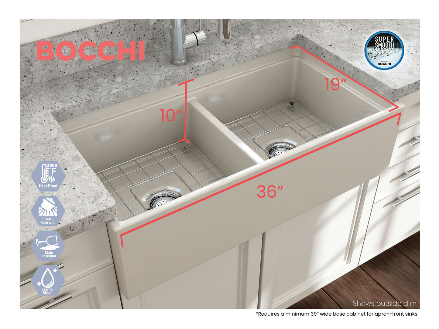 Contempo Step-Rim Apron Front Fireclay 36" Double Bowl Kitchen Sink in Biscuit