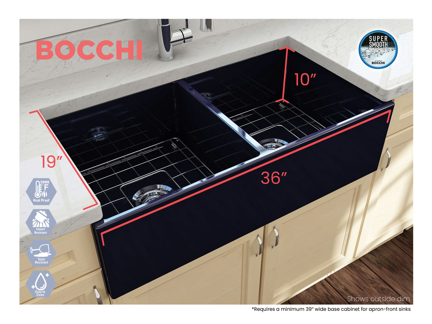 Contempo Apron Front Fireclay 36" Double Bowl Kitchen Sink in Sapphire Blue