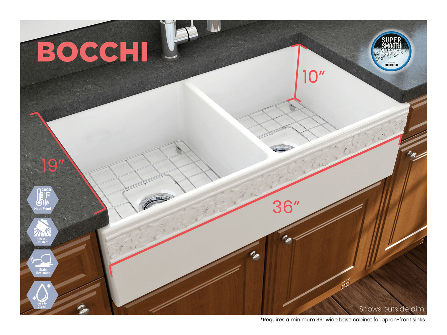 Vigneto Apron Front Fireclay 36" Double Bowl Kitchen Sink in White