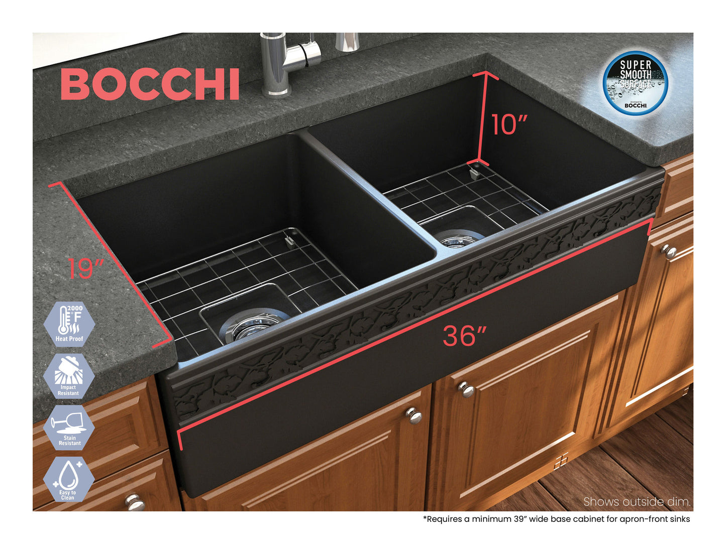 Vigneto Apron Front Fireclay 36" Double Bowl Kitchen Sink in Matte Black