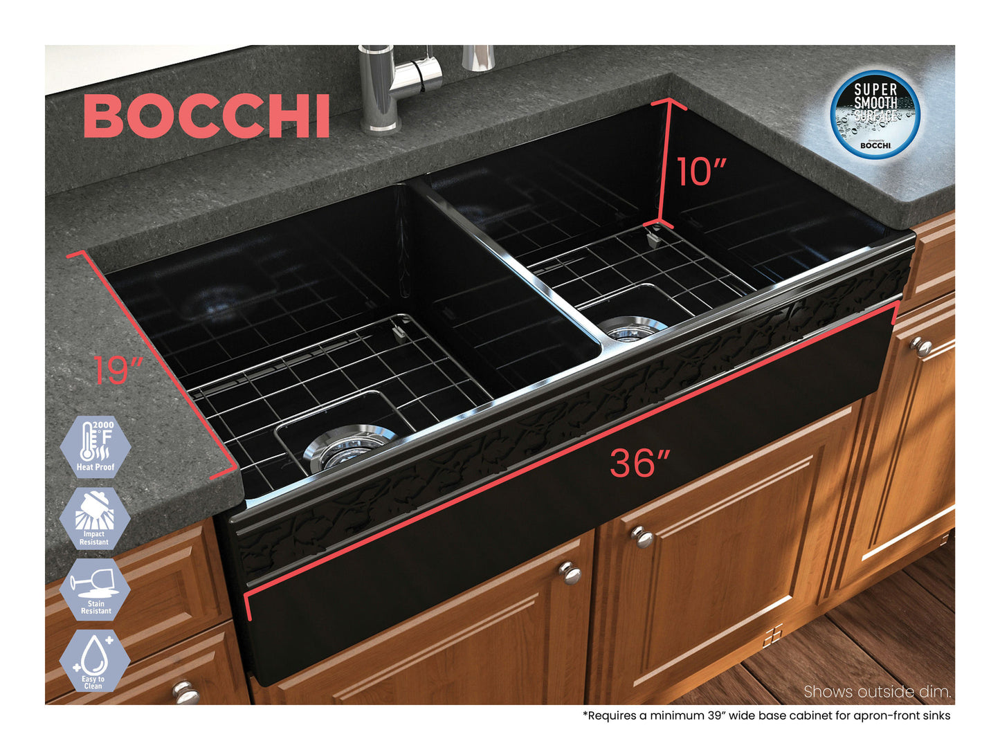 Vigneto Apron Front Fireclay 36" Double Bowl Kitchen Sink in Black