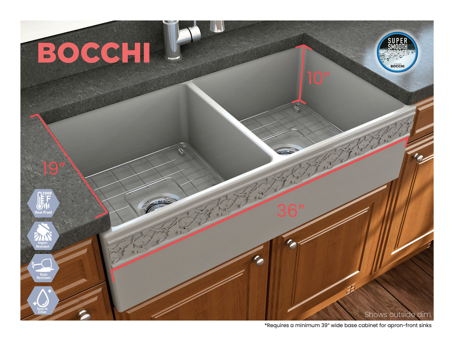 Vigneto Apron Front Fireclay 36" Double Bowl Kitchen Sink in Matte Gray